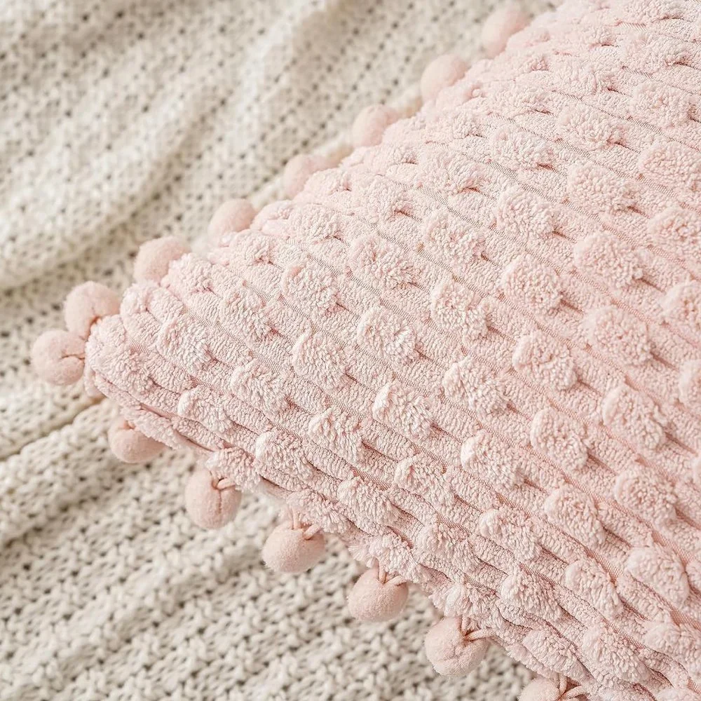 Pompom Pink Stripe Texture Corduroy Farmhouse Cute Luxury Soft Pillow Cover Set
